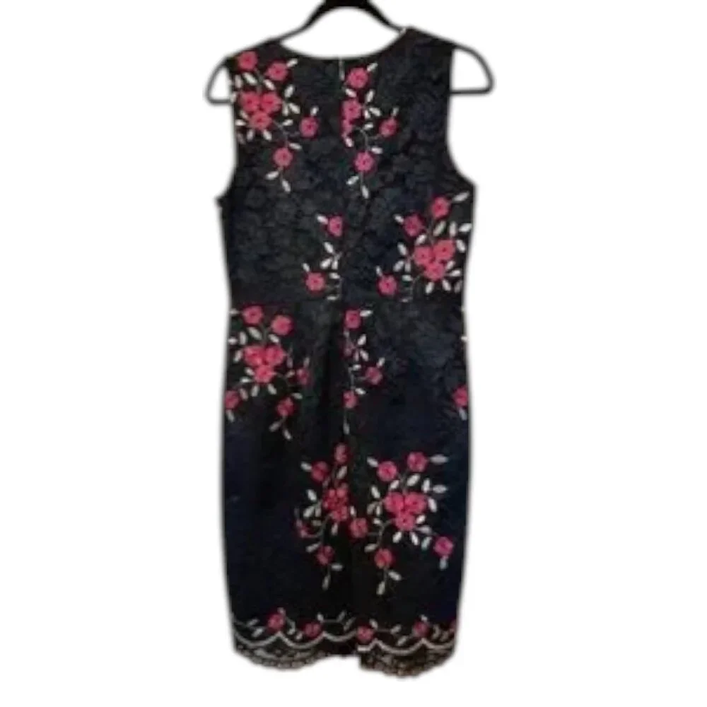 DKNY Navy Lace Dress Pink Floral Embroidery Sleeveless Cocktail Midi Sz 8 - Picture 5 of 11